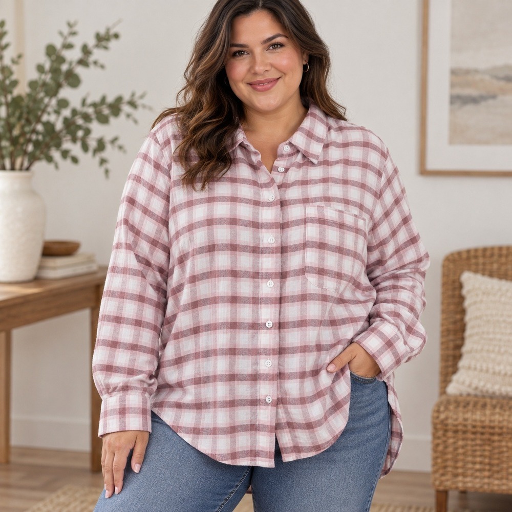 Lane Bryant Womens Pink White Plaid Button Up Shirt Plus Size 18/20 High Low Hem